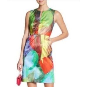 Milly Womens Abstract Floral Silk Blend Split Neck Sleeveless Shift Dress 4